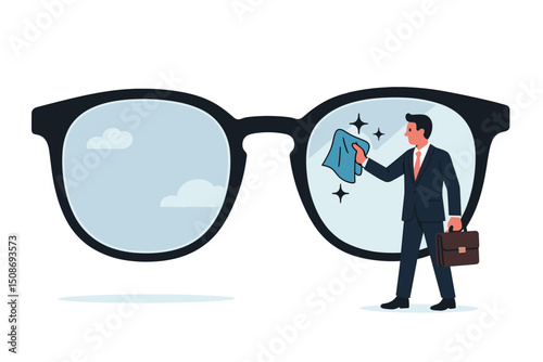 Business vision clarity concept eyeglasses metaphor clear vs blurry perspective. Professional businessman success focus strategic planning leadership achievement
