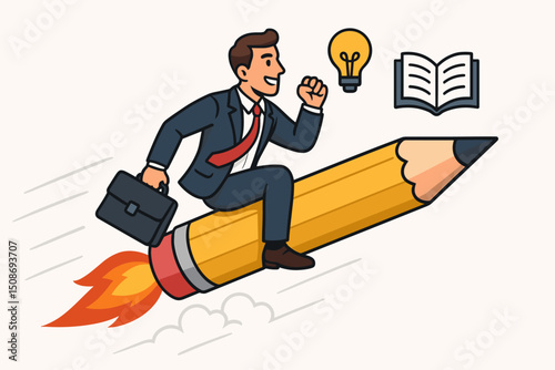 Business innovation creativity concept. Businessman riding pencil rocket with idea lightbulb. Startup success entrepreneurship breakthrough. Leadership achievement growth education learning