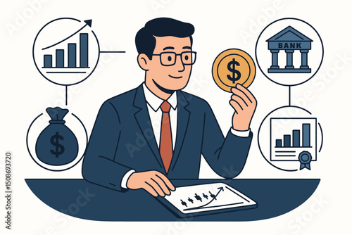 Investment portfolio diversification financial advisor strategy concept illustration. Professional banker consultant analyzing asset management growth chart wealth planning business services