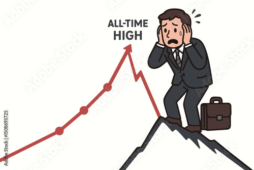 Anxious stressed businessman investor holding head in panic despite all-time high stock market growth chart. Financial crisis anxiety concept. Economic pressure volatility