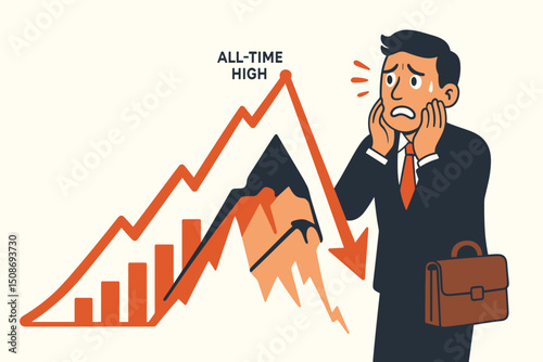 Stressed businessman anxiety market crash financial crisis. Worried investor economic downturn decline. Business stress corporate panic chart graph recession concept