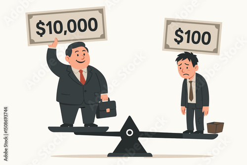 Economic inequality wealth gap concept. Rich poor businessman balance scale. Financial disparity income difference. Social injustice money contrast metaphor vector