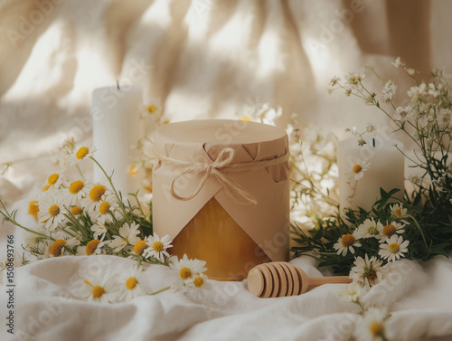 Single honey jar wrapped in kraft paper on white linen, with wildflowers and beeswax candles. Golden hour light, organic artisan gift style for eco-friendly branding. Soft greens, honey yellows