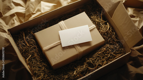 Eco-friendly tea box with edge damage inside mailer box with compostable padding and handwritten note, unboxing theme, gentle overhead light, kraft and natural tones, lifestyle realism