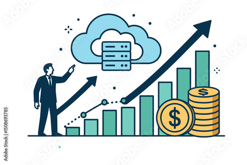 Cloud computing business growth revenue success. Digital technology profit increase chart analytics. Data storage server expansion financial performance scalability concept