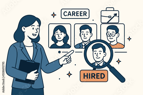 HR recruitment process selecting top job candidate. Business woman manager hiring best employee with magnifying glass. Human resources talent acquisition career development concept