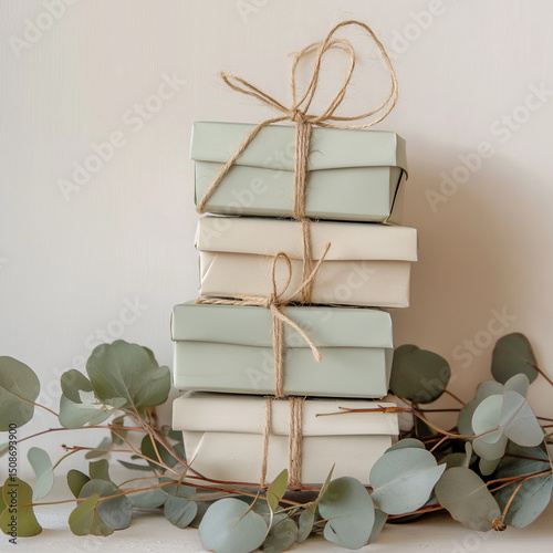 Stack of eco tea boxes tied with twine, eucalyptus branches on neutral background, warm studio light, craft packaging style, beige and moss green tones, high-res photo
