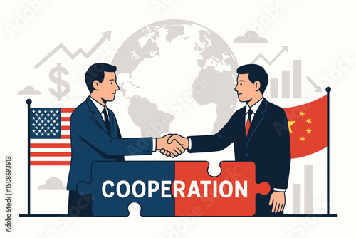 Business cooperation USA China international trade partnership handshake deal. Global economic puzzle agreement concept. Financial diplomacy growth success teamwork