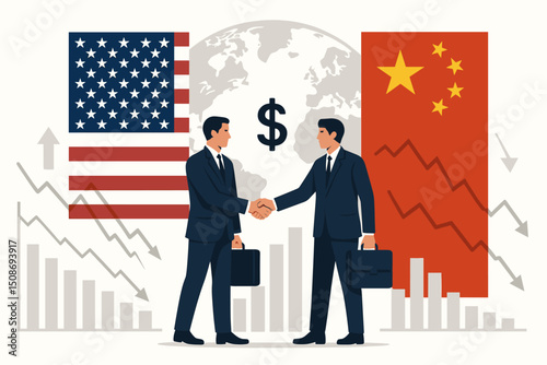 US China business cooperation handshake deal. Global trade partnership agreement. International commerce diplomacy meeting. World economy bilateral relations. Businessmen partnership vector