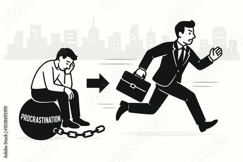 Procrastination to productivity transformation concept. Businessman breaking free from chains, running with briefcase. Motivation mindset change vector illustration business success