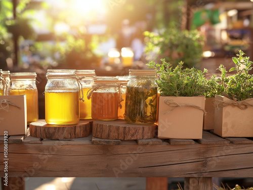 Rustic reclaimed wood market stall with honey jars, beeswax candles, kraft-wrapped herbal tea, soft blurred background, golden natural light, warm amber and green tones, high-resolution eco product