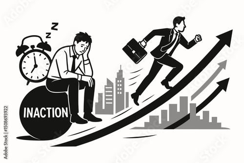 Business productivity contrast metaphor. Lazy procrastinating businessman sitting versus active successful entrepreneur running. Time management motivation concept illustration vector