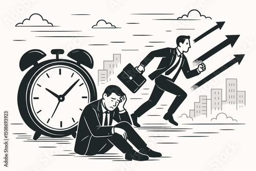 Business procrastination time management concept. Entrepreneur deadline pressure stress. Success motivation productivity. Professional development career growth mindset vector