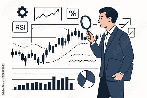 Businessman analyzing financial data charts graphs with magnifying glass. Investment research market trends analysis. Trading candlestick RSI technical indicators vector