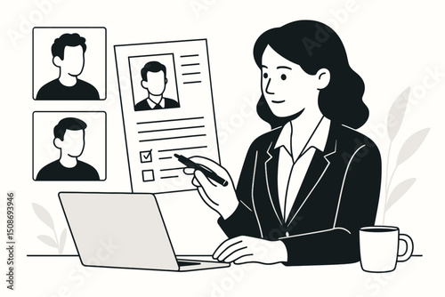 HR human resources manager businesswoman reviewing resumes candidates selection hiring process recruitment professional office employment career job interview evaluation
