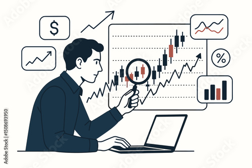Financial analyst investor businessman examining market data trends candlestick charts graphs with laptop computer magnifying glass research analysis statistics concept vector illustration