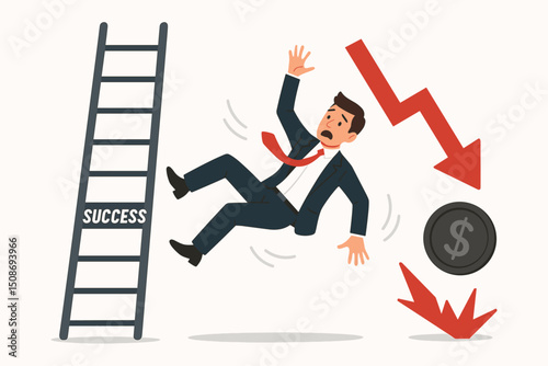 Career setback business failure concept businessman falling success ladder financial crisis investment loss economic decline market crash corporate downward trend