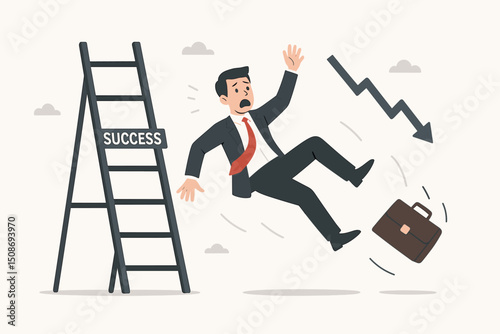 Businessman falling from success ladder career setback failure crisis concept. Economic downturn decline market crash job loss corporate business trouble financial recession