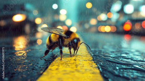 Top-down view of bee standing on wet city crosswalk line with blurred car tires and city lights, rainy evening reflections, urban survival concept, black white honey yellow palette