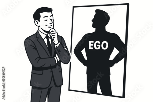 Businessman ego mirror reflection silhouette. Self awareness leadership psychology concept. Executive contemplating identity metaphor. Professional thinking introspection self reflection mindset