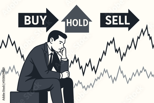 Investment trading decision concept. Businessman thinking buy hold sell strategy. Stock market analysis chart. Financial planning portfolio management advisor business vector