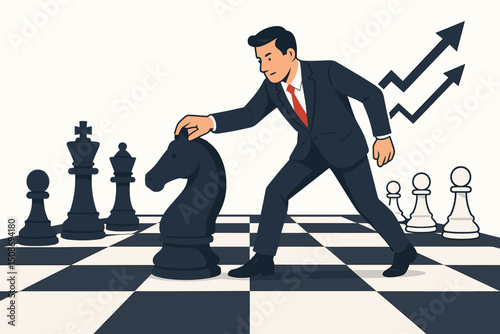 Business strategy chess metaphor knight move. Businessman strategic planning leadership. Corporate decision making success concept. Strategic thinking management growth development vision