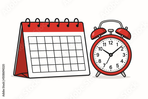 Time management planning concept. Red calendar and alarm clock vector illustration. Schedule appointment reminder. Business organization productivity symbol. Deadline meeting planner office