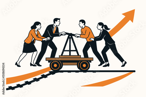Teamwork business success concept. Corporate team pushing rail handcar with drilling rig. Collaboration growth arrow progress achievement metaphor vector illustration