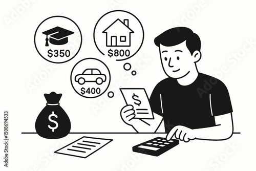 Budget planning personal finance concept. Man calculating major expenses education house car costs. Financial decision making investment goals analysis money management vector