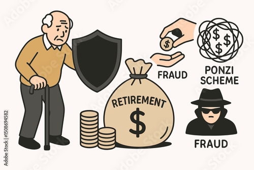 Retirement savings protection fraud prevention security shield. Senior elderly financial scam defense awareness. Ponzi scheme investment safety money protection vector illustration concept