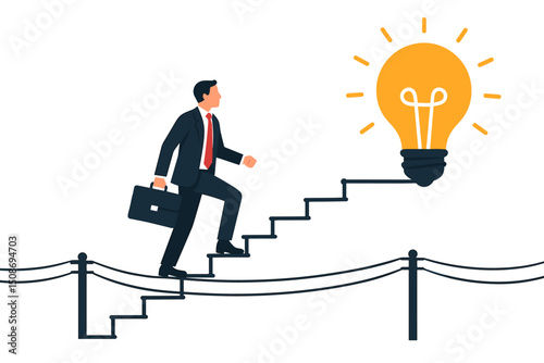 Businessman climbing suspended stairs to glowing lightbulb. Innovation success achievement concept. Creative thinking solution leadership goal reaching progress metaphor