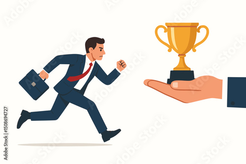 Businessman running chase golden trophy success achievement goal. Pursuit motivation leadership corporate competition winner award. Ambition determination career growth progress concept