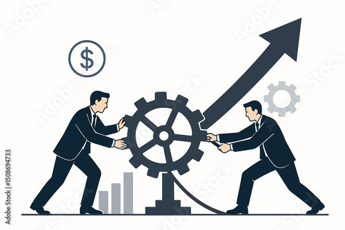 Business growth strategy concept. Two businessmen teamwork pushing gear mechanism. Financial success collaboration. Partnership development. Corporate achievement progress arrow up