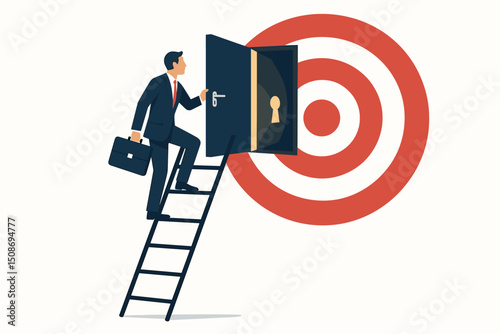 Businessman climbing ladder to open door opportunity target success. Career advancement goal achievement concept. Professional growth business metaphor objective focus bullseye