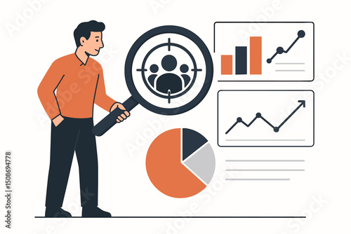 Customer targeting market research analyst magnifying glass demographics. Business data visualization charts analytics. Consumer behavior insights marketing strategy trends