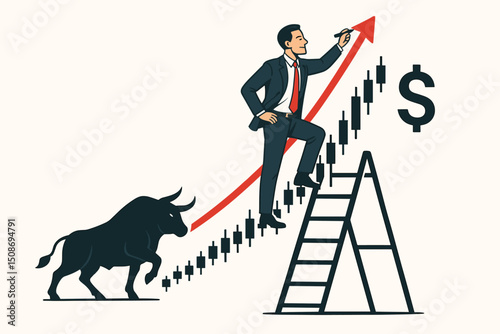 Bullish market businessman climbing ladder drawing upward arrow. Bull financial growth investment success. Stock trading candlestick chart dollar economy achievement business concept