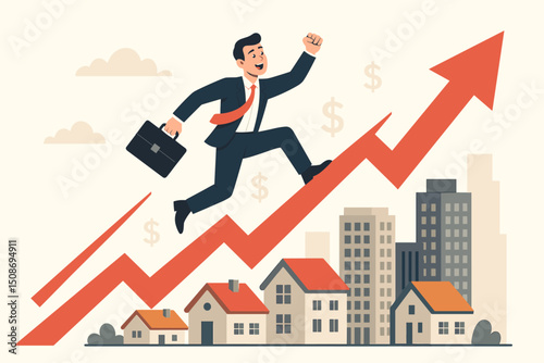 Successful businessman jumping upward arrow graph real estate housing market growth surge trend rising. Financial success achievement concept. City skyline investment profit climbing corporate