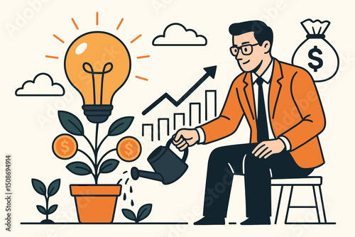 Businessman watering money tree lightbulb idea innovation. Investment growth financial success nurturing creative business startup. Profit development entrepreneur concept vector illustration
