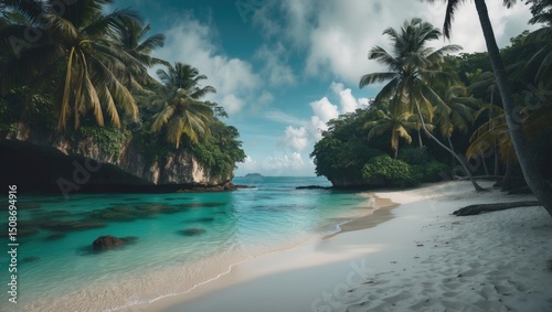 View of a tropical island's secret beach, beautiful and exotic, with empty space for text, featuring palm trees, clear waters, and sandy shores. photo