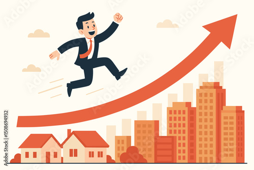 Businessman jumping upward arrow success growth achievement. Career advancement progress motivation. Real estate housing market surge development. Professional climbing financial victory