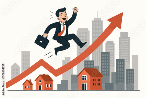 Successful businessman celebrating achievement jumping on upward growth arrow. Business success concept with city skyline. Career advancement and market growth metaphor.