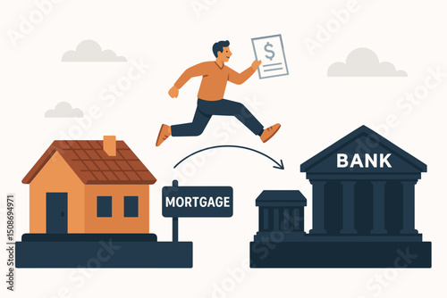 Mortgage refinance leap concept metaphor. Man jumping from house to bank building with loan document. Home financing transition decision step process illustration.