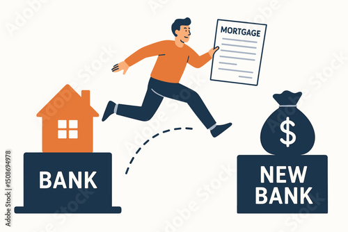 Mortgage refinancing concept metaphor. Man jumping switching banks with home loan document. Financial freedom leap. Bank transfer. Real estate finance. Loan refinance vector illustration