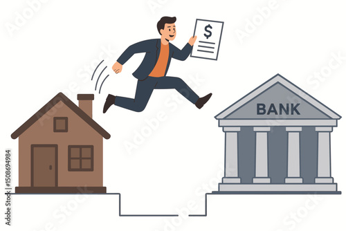 Businessman jumping house to bank mortgage refinance concept. Home loan financial document dollar sign. Property investment real estate finance leap vector