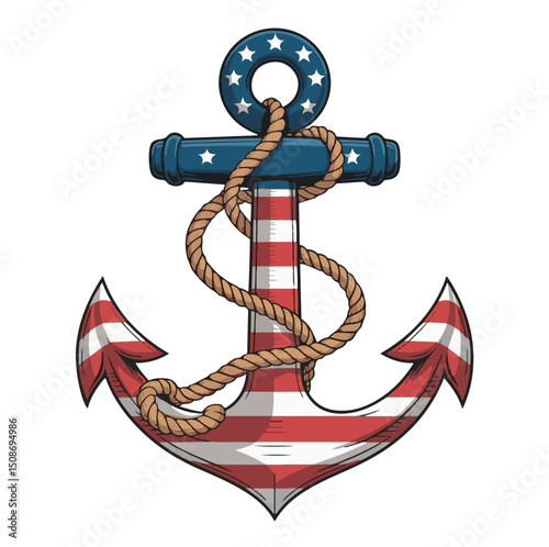 Patriotic Anchor Vector Design, American Flag Nautical Illustration, 4th of July Marine Theme, USA Independence Day Graphic