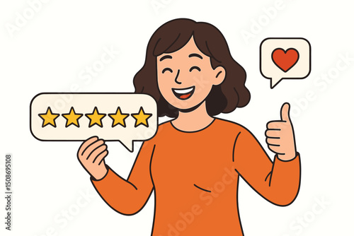 Happy customer giving thumbs up five star rating feedback testimonial review. Satisfied smiling woman showing approval with heart love symbol speech bubble. Positive experience service
