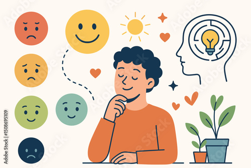 Emotional journey mental health psychology concept. Person thinking contemplating different moods emotions. Wellness mindfulness self-reflection creativity idea illustration