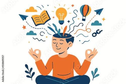 Mindful creativity concept vector illustration. Peaceful person meditating with open mind full of creative ideas. Mental wellness meditation lightbulb innovation brain thinking