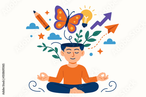 Creativity meditation mindfulness concept mind growth. Person meditating plants thinking innovation ideas lightbulb butterfly transformation mental health wellness zen peace mindset