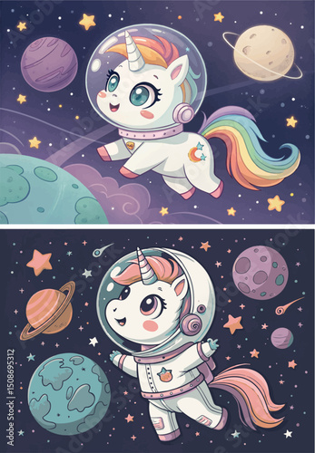 A charming little unicorn astronaut soars among the stars and planets in the depths of space